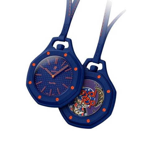 JeevzPlug AP x Swatch Royal Pop Orenji Hachi pocket watch in blue bioceramic with orange accents and leather strap