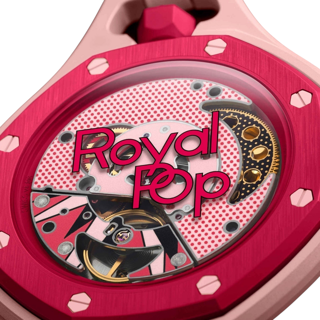 JeevzPlug Audemars Piguet x Swatch Royal Pop Otto Rosso red bioceramic pocket watch with visible SISTEM51 movement.