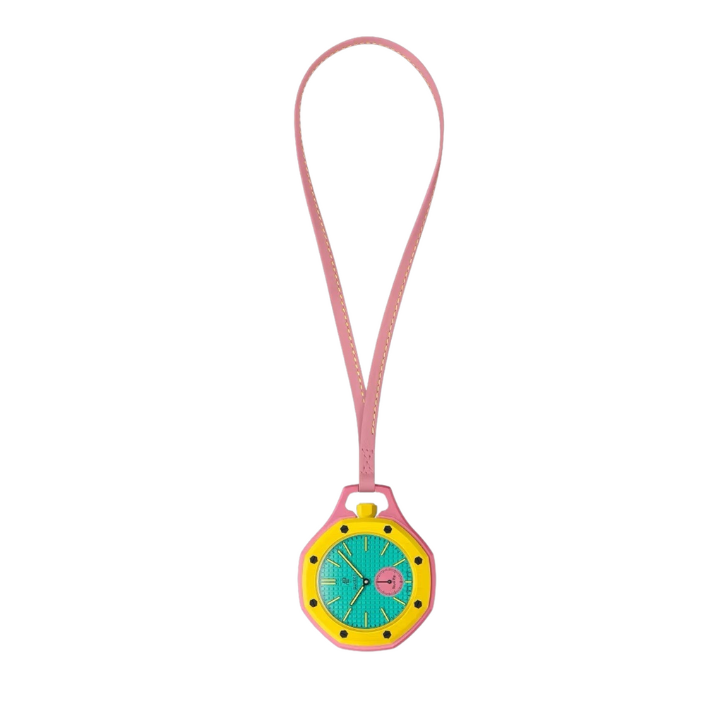 JeevzPlug Audemars Piguet x Swatch Royal Pop OTG Roz pocket watch in pink bioceramic with yellow accents and strap