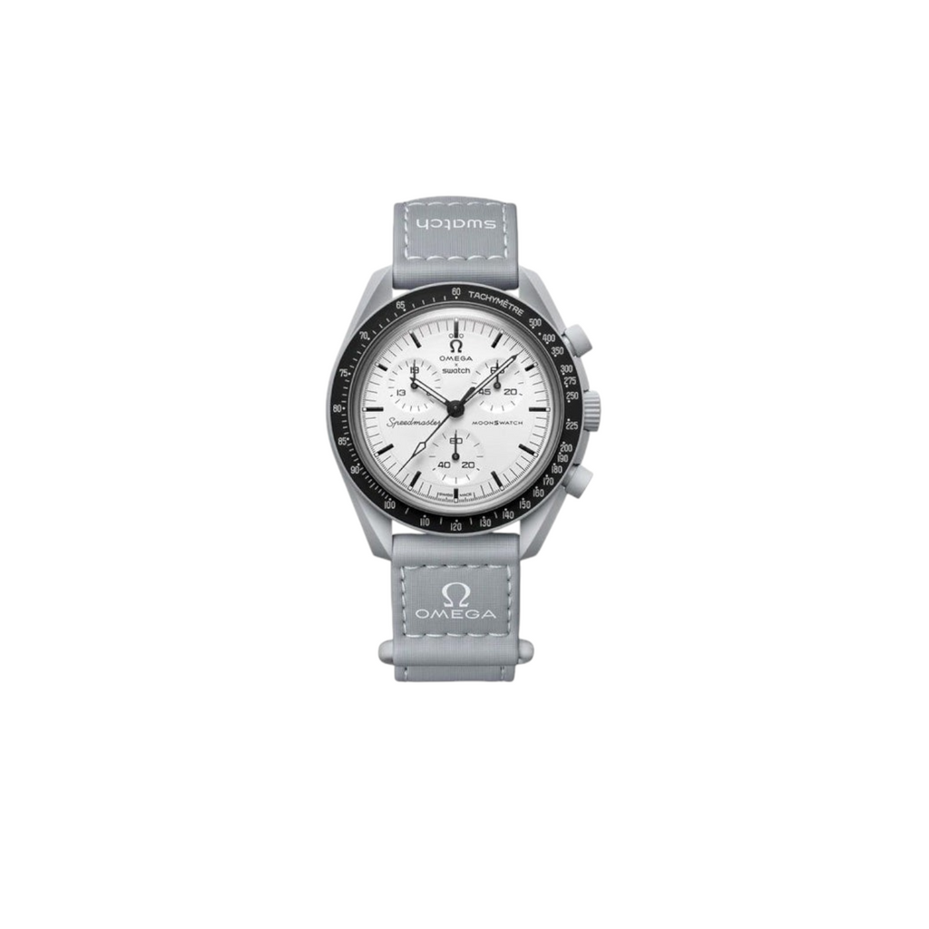 JeevzPlug Swatch x Omega Moonswatch 1965 watch with a gray bioceramic case, white dial, and gray VELCRO strap.