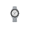 JeevzPlug Swatch x Omega Moonswatch 1965 watch with a gray bioceramic case, white dial, and gray VELCRO strap.