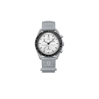 JeevzPlug Swatch x Omega Moonswatch 1965 watch with a gray bioceramic case, white dial, and gray VELCRO strap.