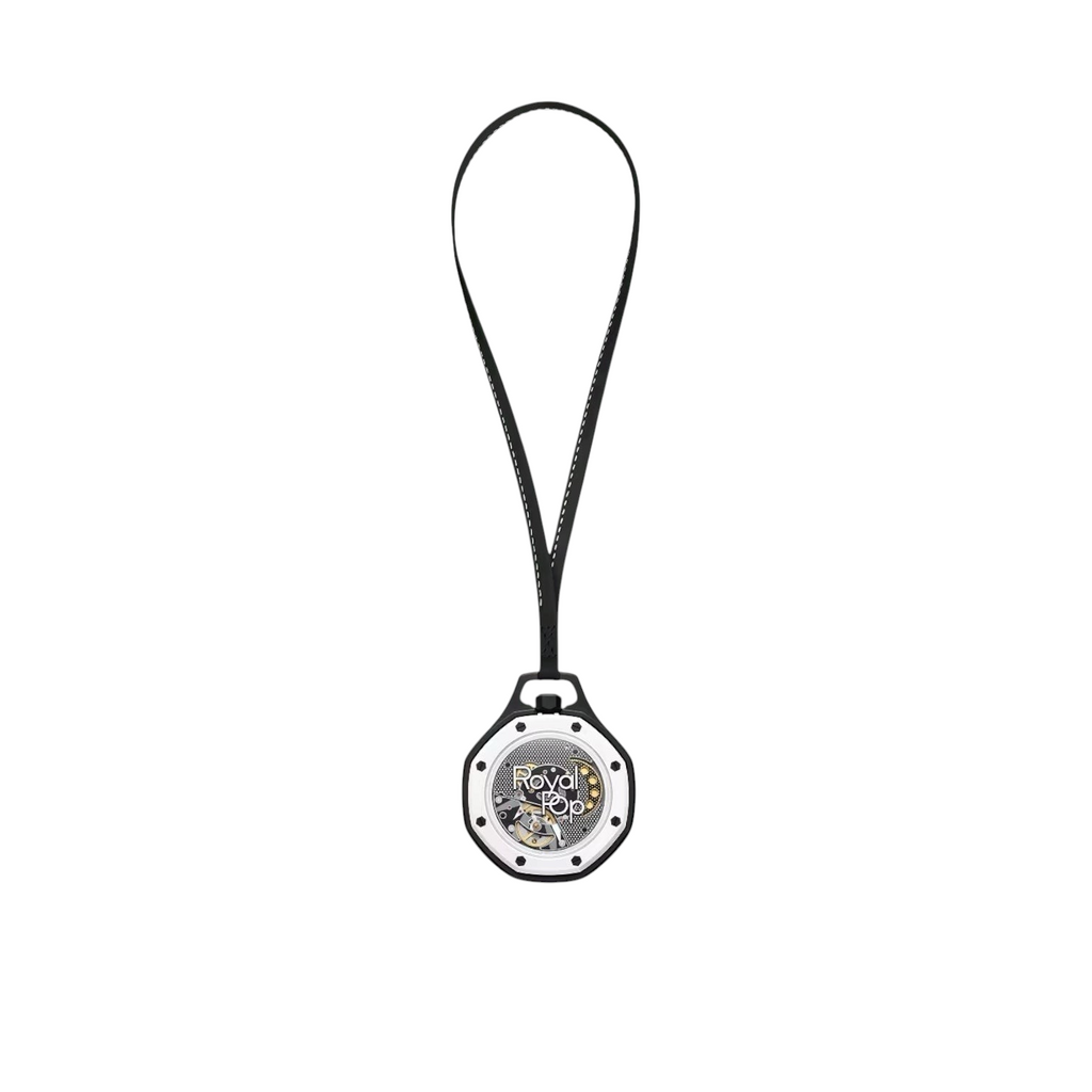 JeevzPlug AP x Swatch Royal Pop Ocho Negro black bioceramic pocket watch with a black leather lanyard