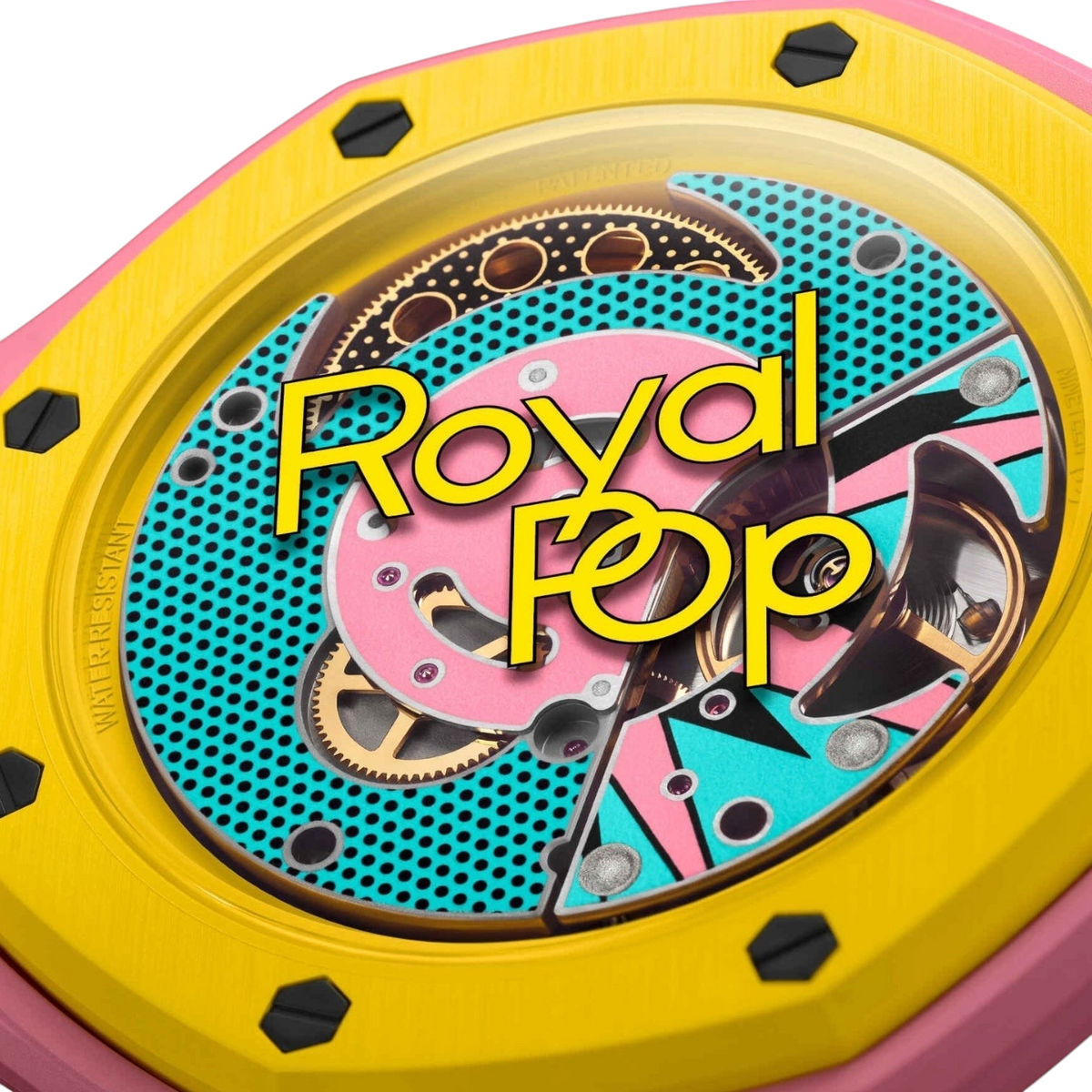 JeevzPlug Audemars Piguet x Swatch Royal Pop OTG Roz pink and yellow bioceramic pocket watch with graphic dial