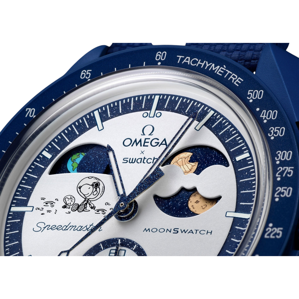 JeevzPlug Swatch x Omega MoonSwatch Mission to Earthphase Beaver Moon watch dial with Snoopy and Moonshine Gold moons