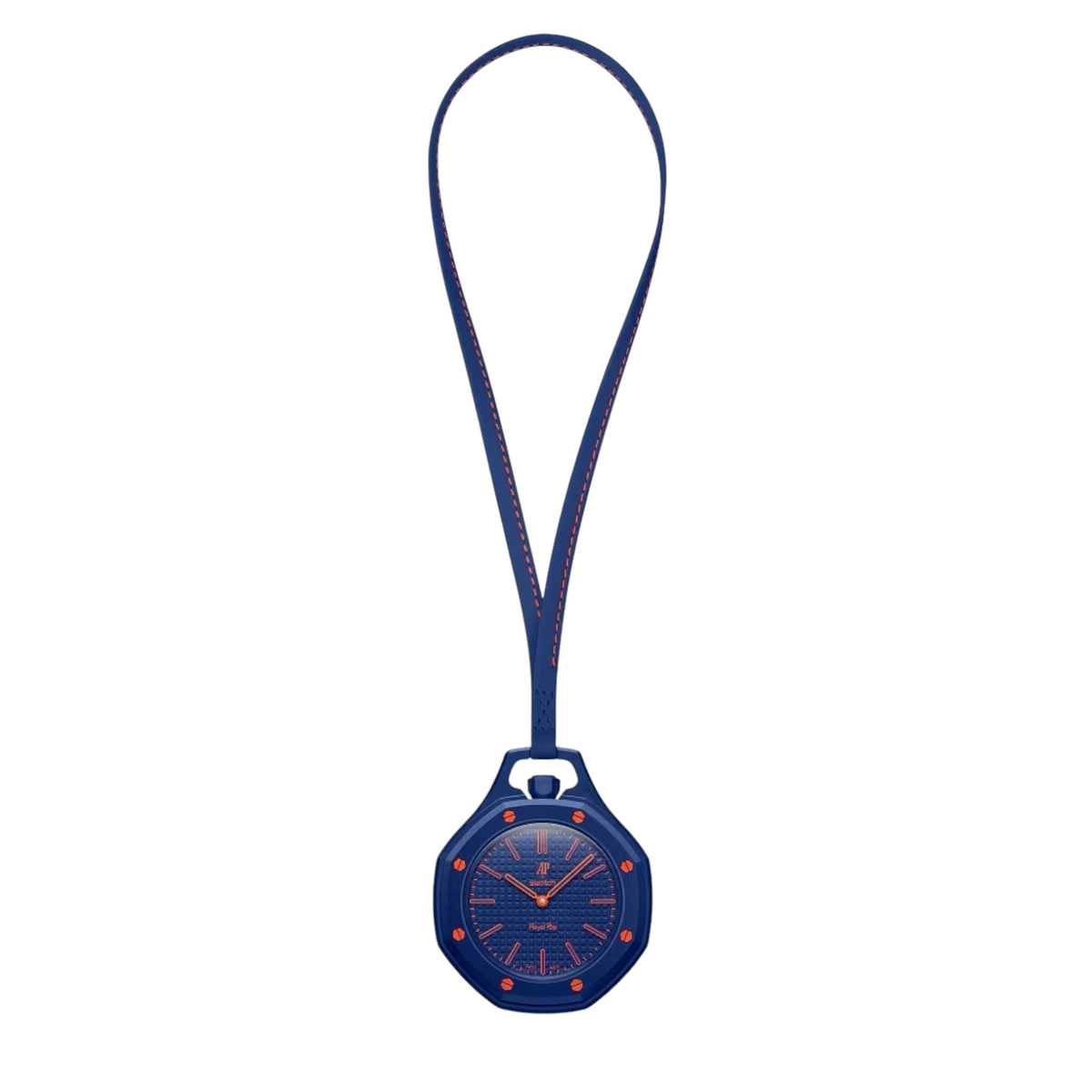 JeevzPlug Audemars Piguet x Swatch Royal Pop Orenji Hachi orange and blue bioceramic pocket watch with leather strap