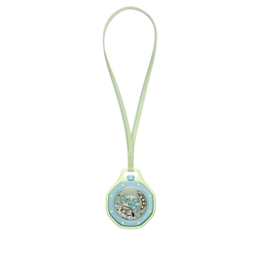 JeevzPlug AP x Swatch Royal Pop Blaue Acht pocket watch in blue and green bioceramic with a leather strap.