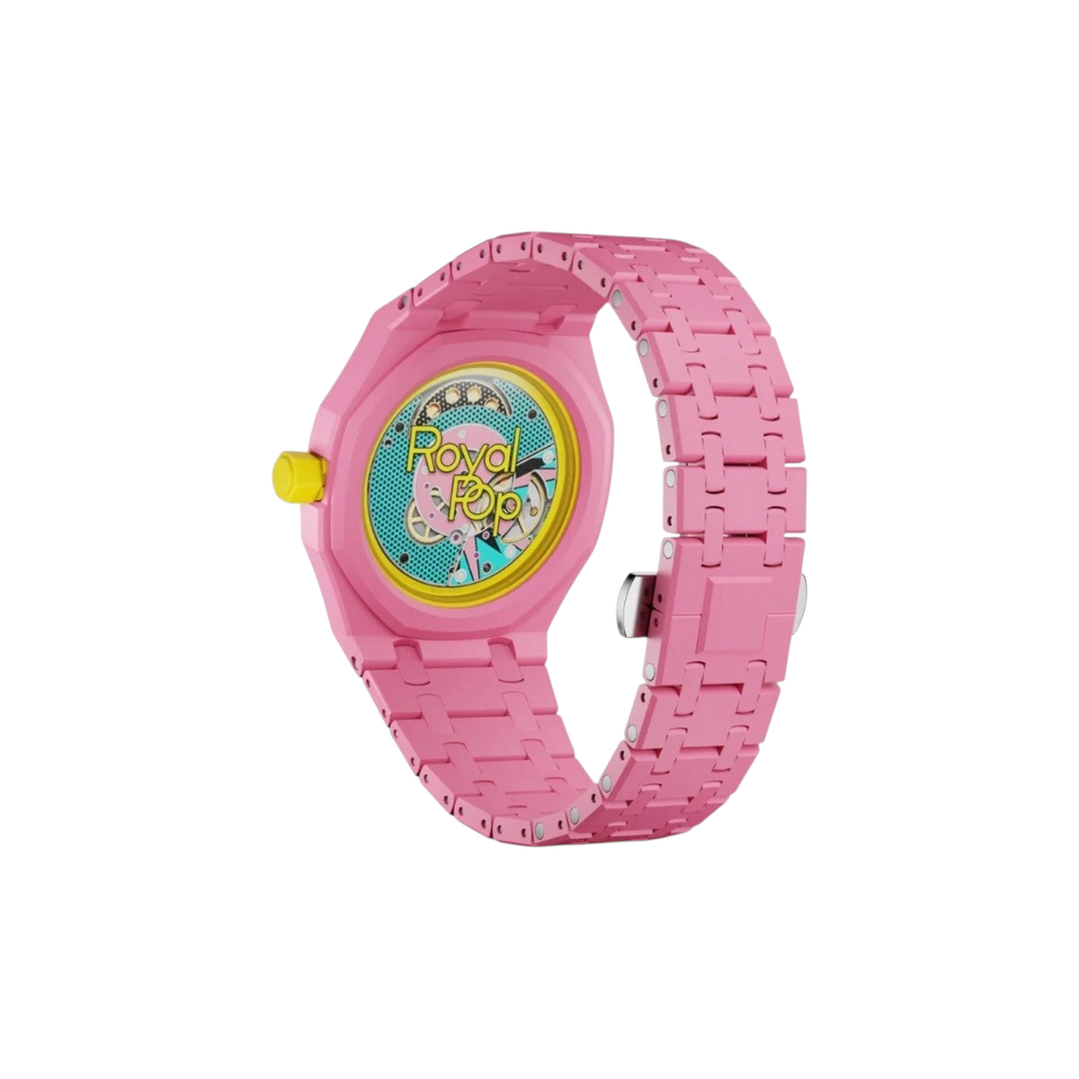 JeevzPlug Swatch x Audemars Piguet Royal Pop Otg Roz pink bioceramic watch with yellow crown and pop art dial