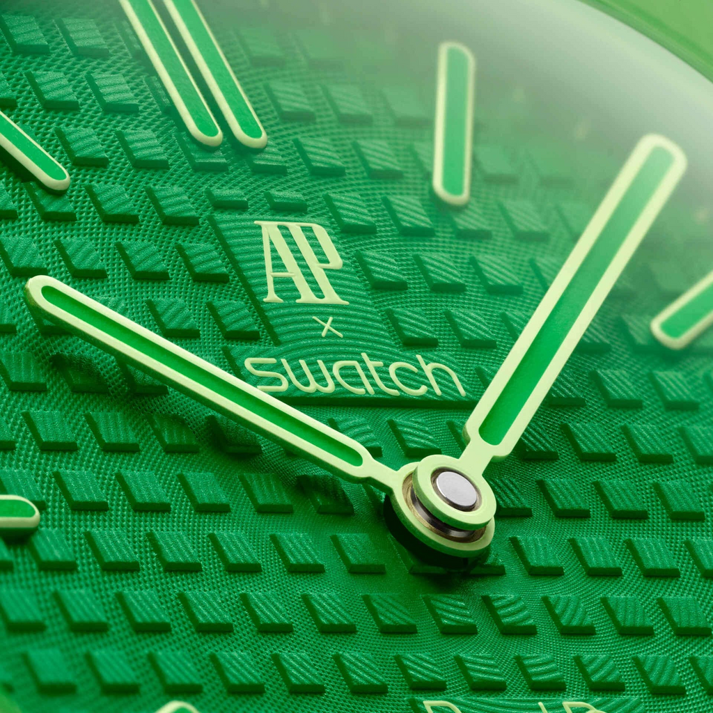 JeevzPlug Audemars Piguet x Swatch Royal Pop Green Eight pocket watch dial with iconic textured bioceramic finish