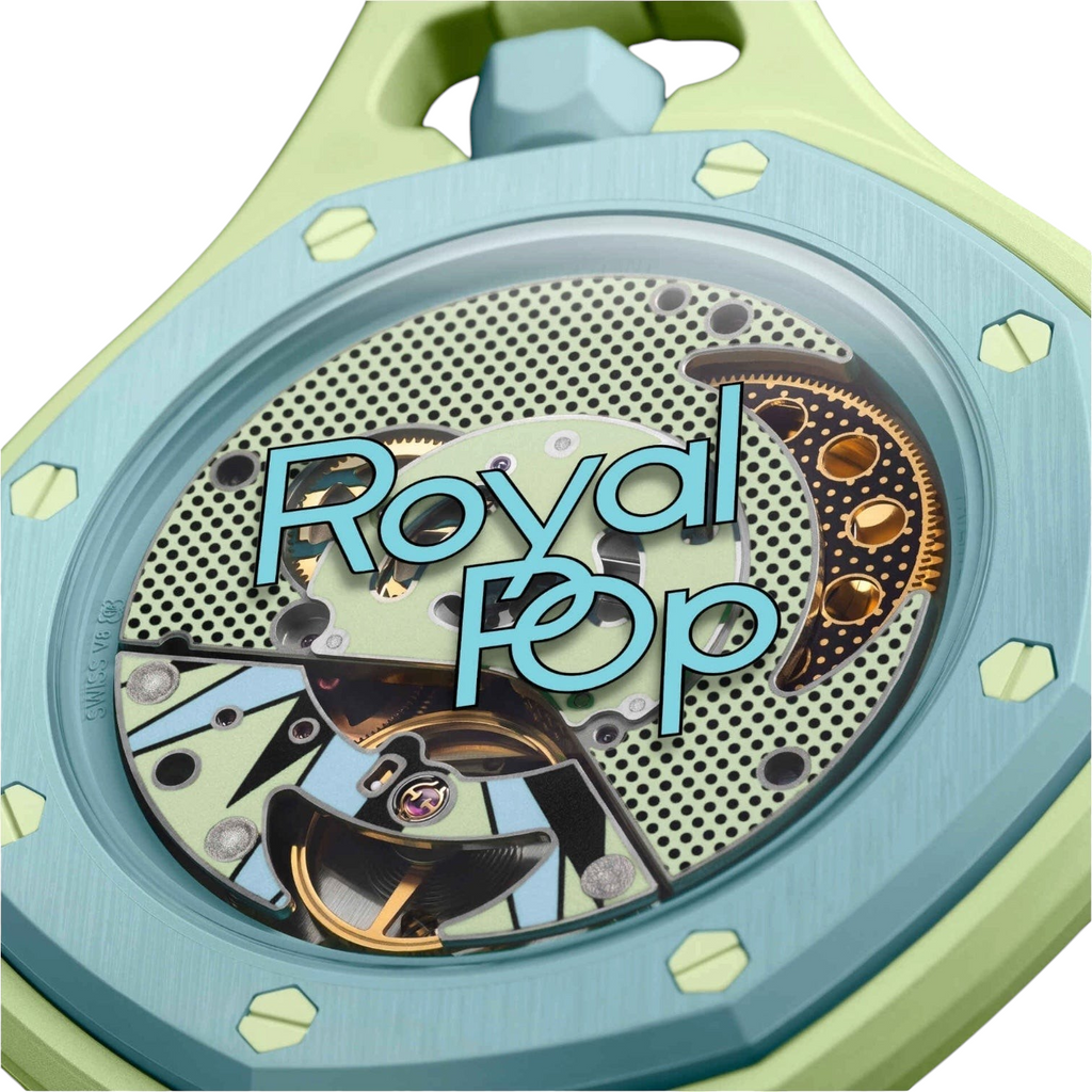 JeevzPlug AP x Swatch Royal Pop Blaue Acht pocket watch featuring a blue and green bioceramic case and open movement