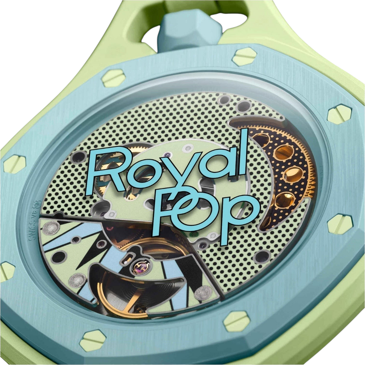 JeevzPlug AP x Swatch Royal Pop Blaue Acht pocket watch featuring a blue and green bioceramic case and open movement