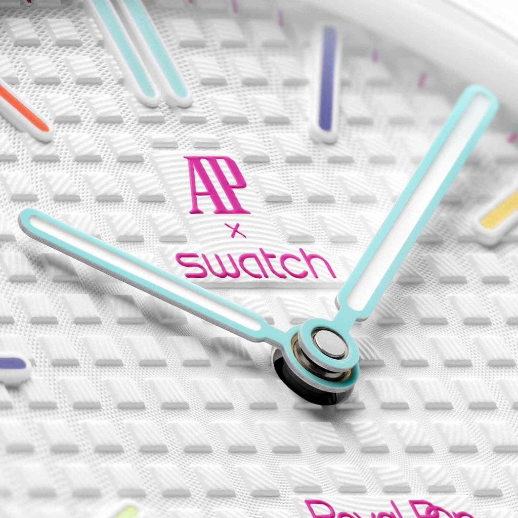 JeevzPlug AP x Swatch Royal Pop Huit Blanc watch hands in white bioceramic with light blue accents