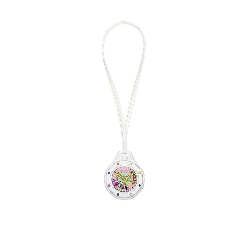 JeevzPlug AP x Swatch Royal Pop Huit Blanc white bioceramic pocket watch with a colourful dial and leather strap