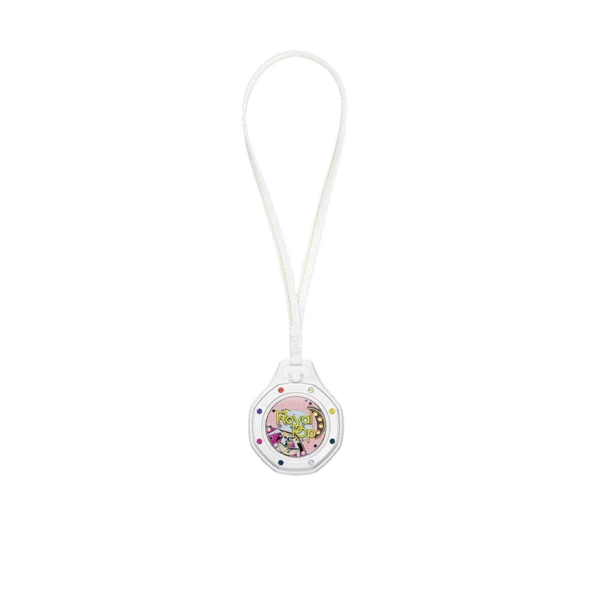 JeevzPlug AP x Swatch Royal Pop Huit Blanc white bioceramic pocket watch with a colourful dial and leather strap