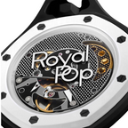JeevzPlug AP x Swatch Royal Pop Ocho Negro black bioceramic pocket watch with visible SISTEM51 movement and Royal Pop logo
