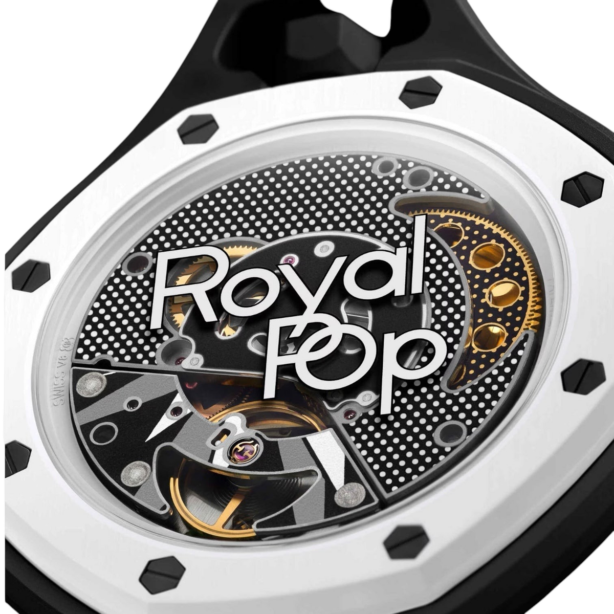 JeevzPlug AP x Swatch Royal Pop Ocho Negro black bioceramic pocket watch with visible SISTEM51 movement and Royal Pop logo