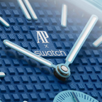 JeevzPlug AP x Swatch Royal Pop LAN BA blue bioceramic watch dial with iconic textured pattern and branding