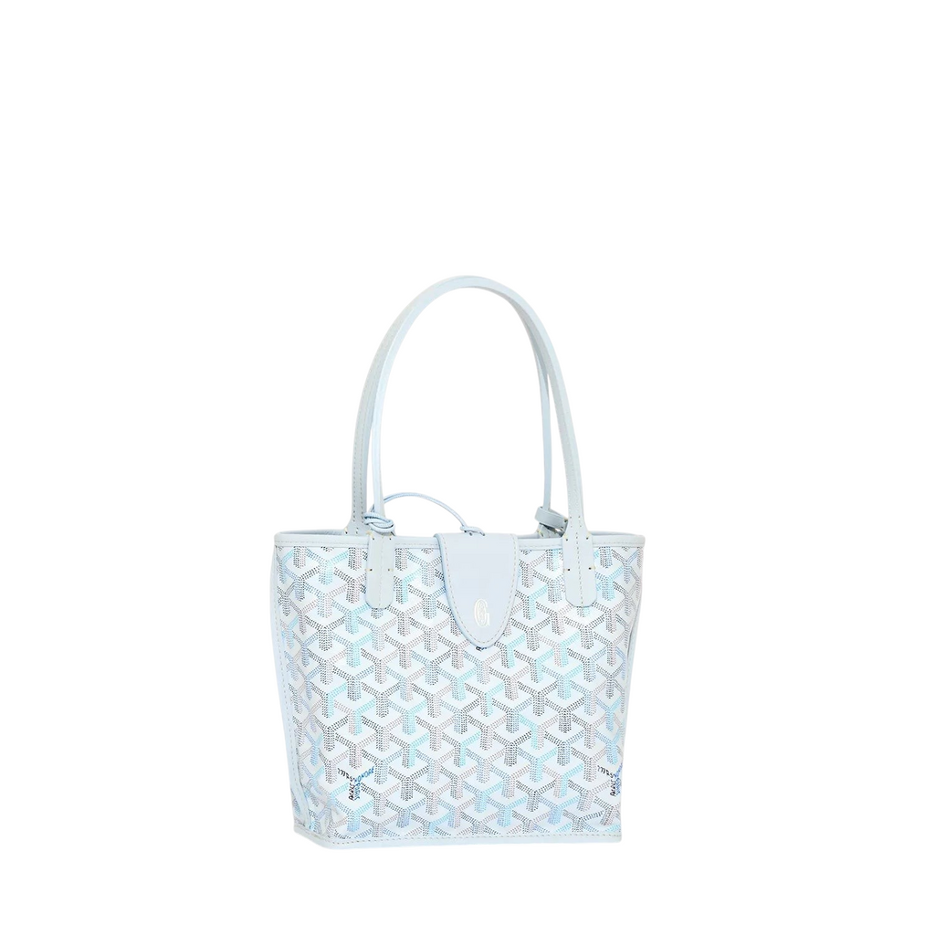 JeevzPlug Goyard Anjou Mini bag in multicoloured Goyardine canvas with light blue leather trim and reversible design.