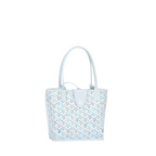 JeevzPlug Goyard Anjou Mini bag in multicoloured Goyardine canvas with light blue leather trim and reversible design.