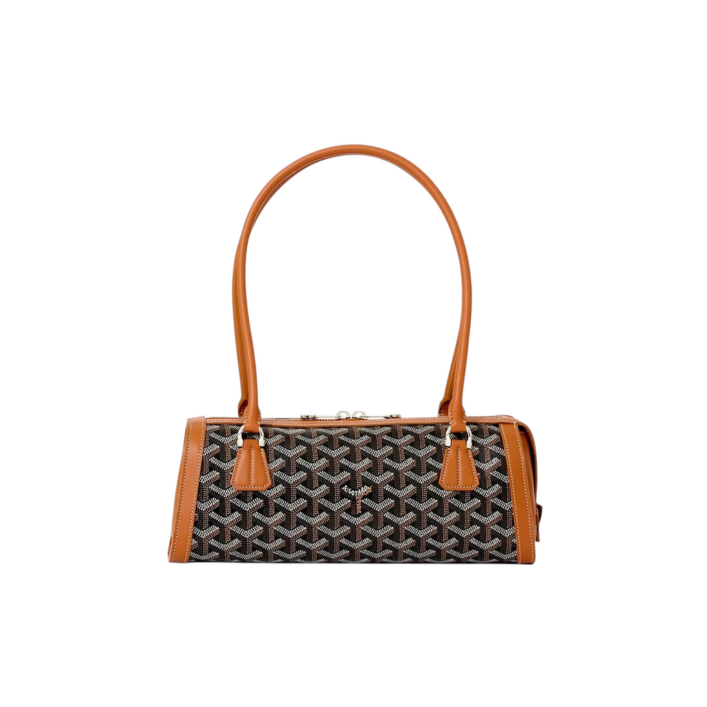 JeevzPlug Goyard Bonbonnière bag in signature Goyardine canvas with tan leather trim and structured handle
