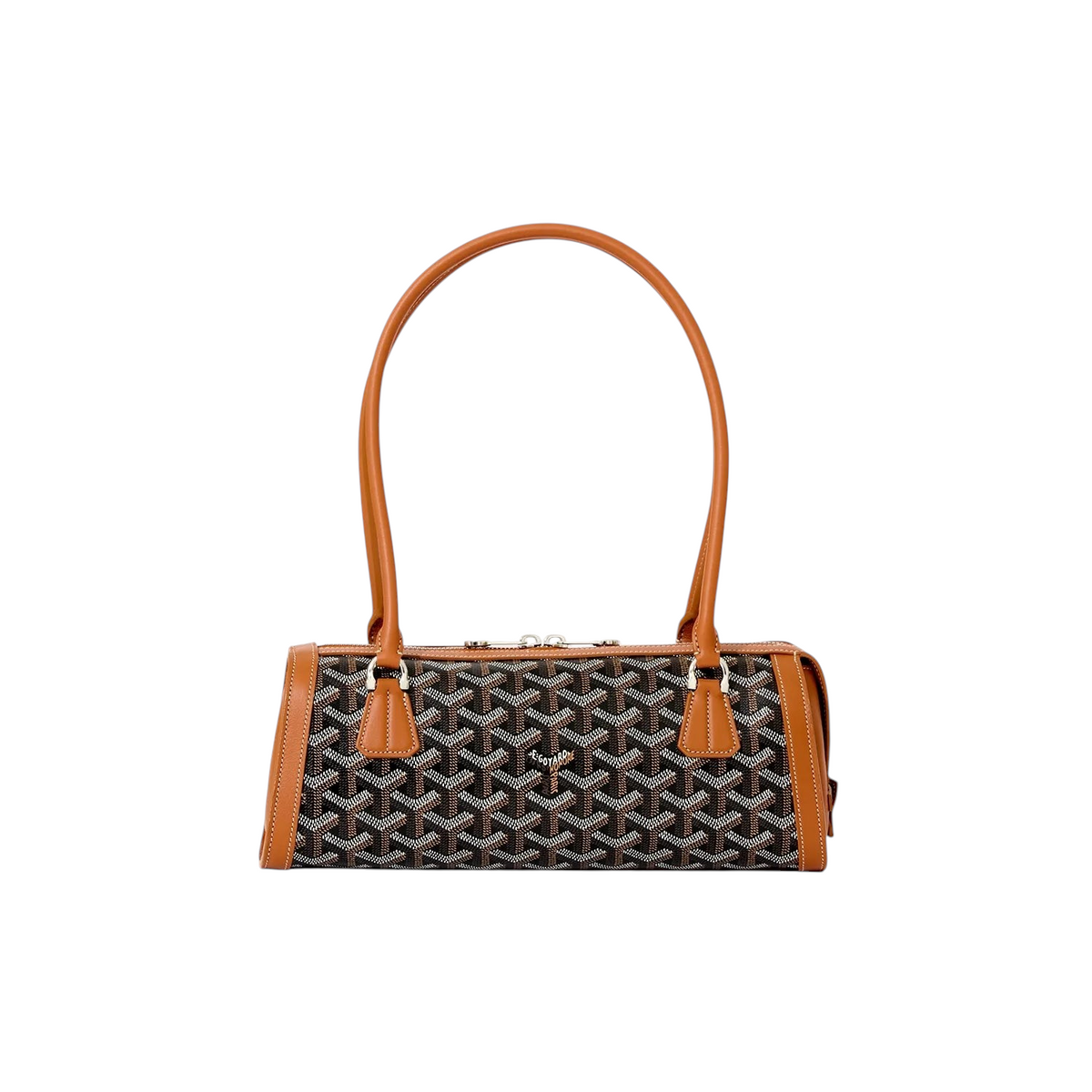 JeevzPlug Goyard Bonbonnière bag in signature Goyardine canvas with tan leather trim and structured handle