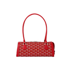 JeevzPlug Goyard Bonbonnière bag in red Goyardine canvas with leather trim and a structured cylindrical silhouette.