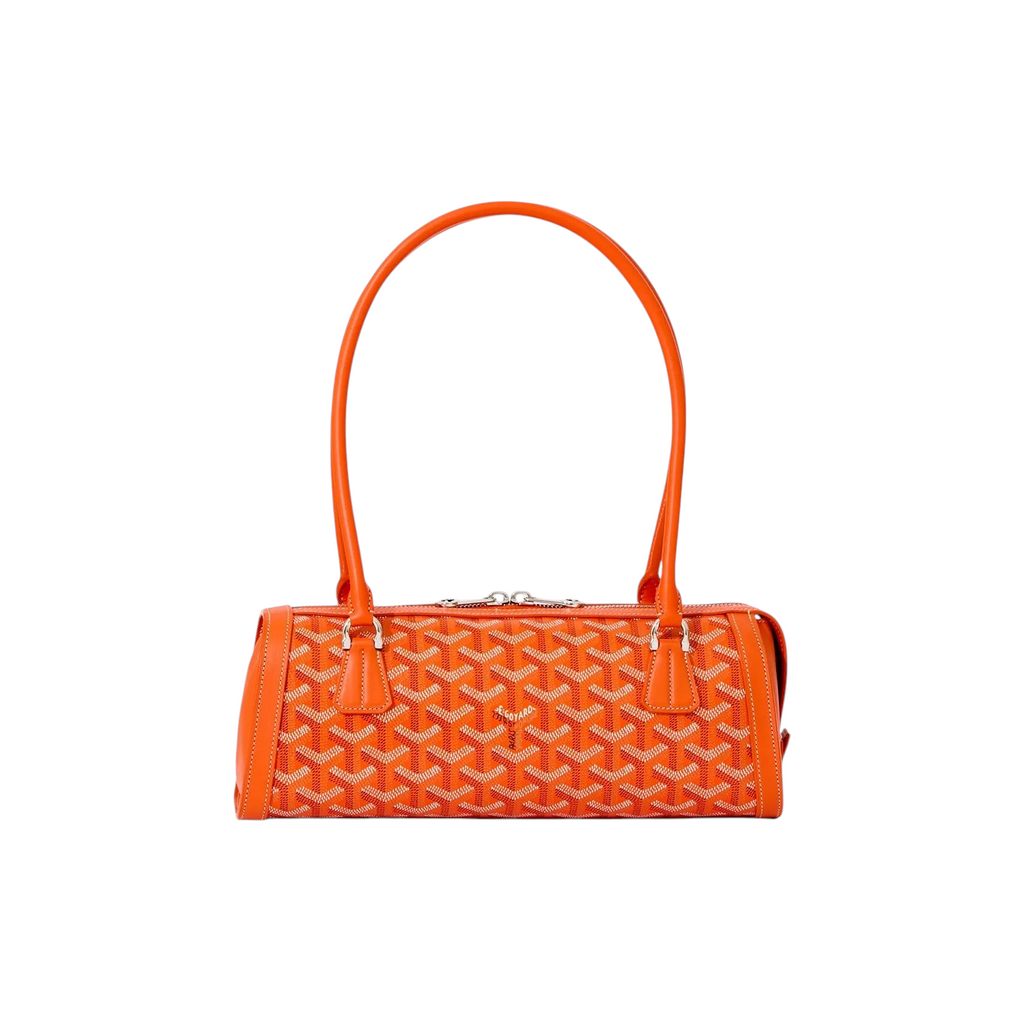 JeevzPlug Goyard Bonbonnière bag in orange Goyardine canvas with leather trim and a structured cylindrical silhouette.