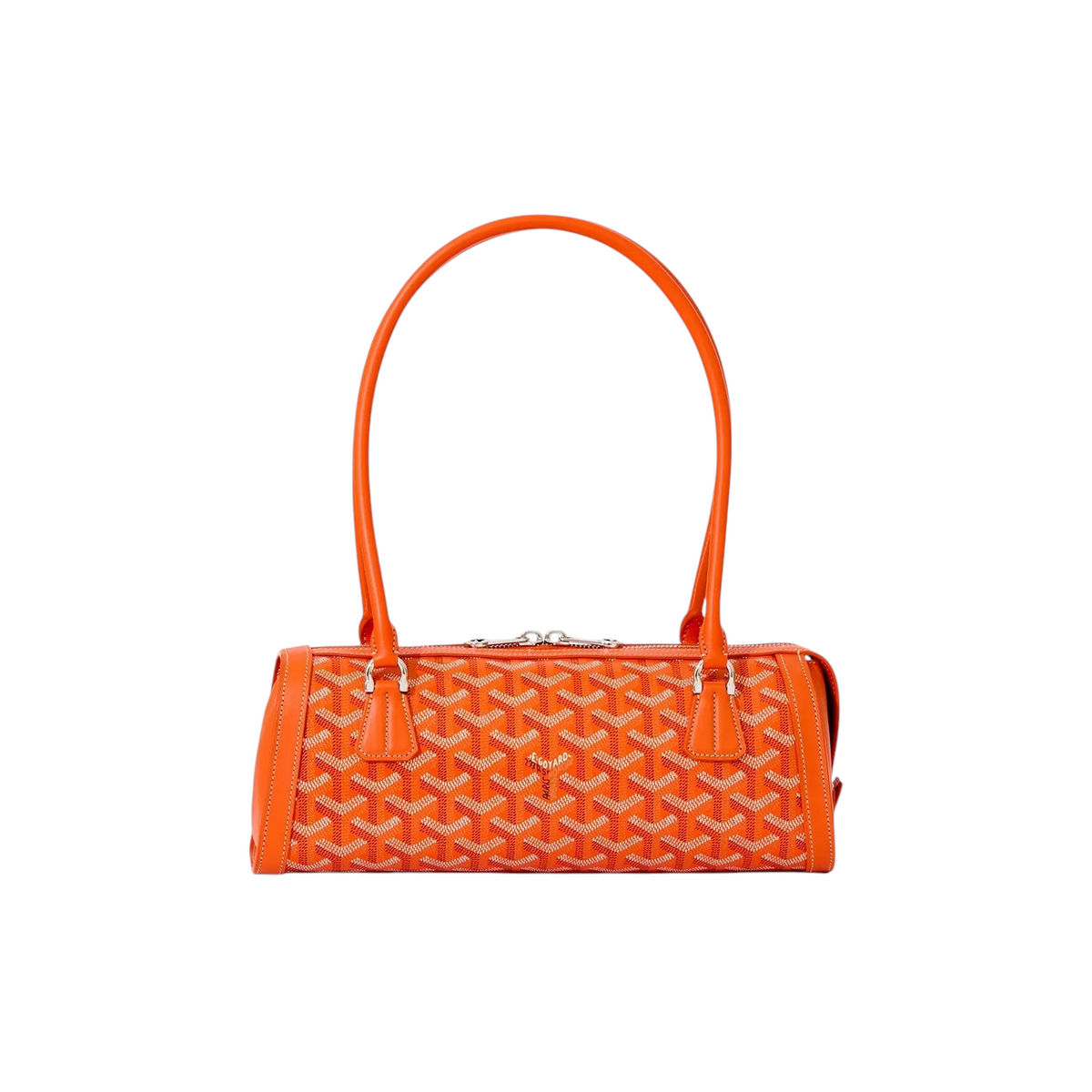 JeevzPlug Goyard Bonbonnière bag in orange Goyardine canvas with leather trim and a structured cylindrical silhouette.