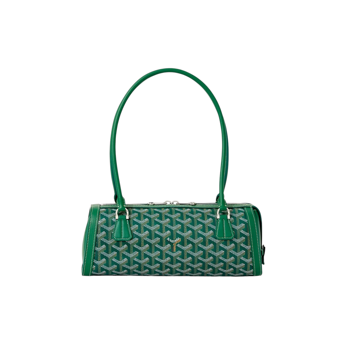 JeevzPlug Goyard Bonbonnière bag in green Goyardine canvas with leather trim and a structured cylindrical silhouette.