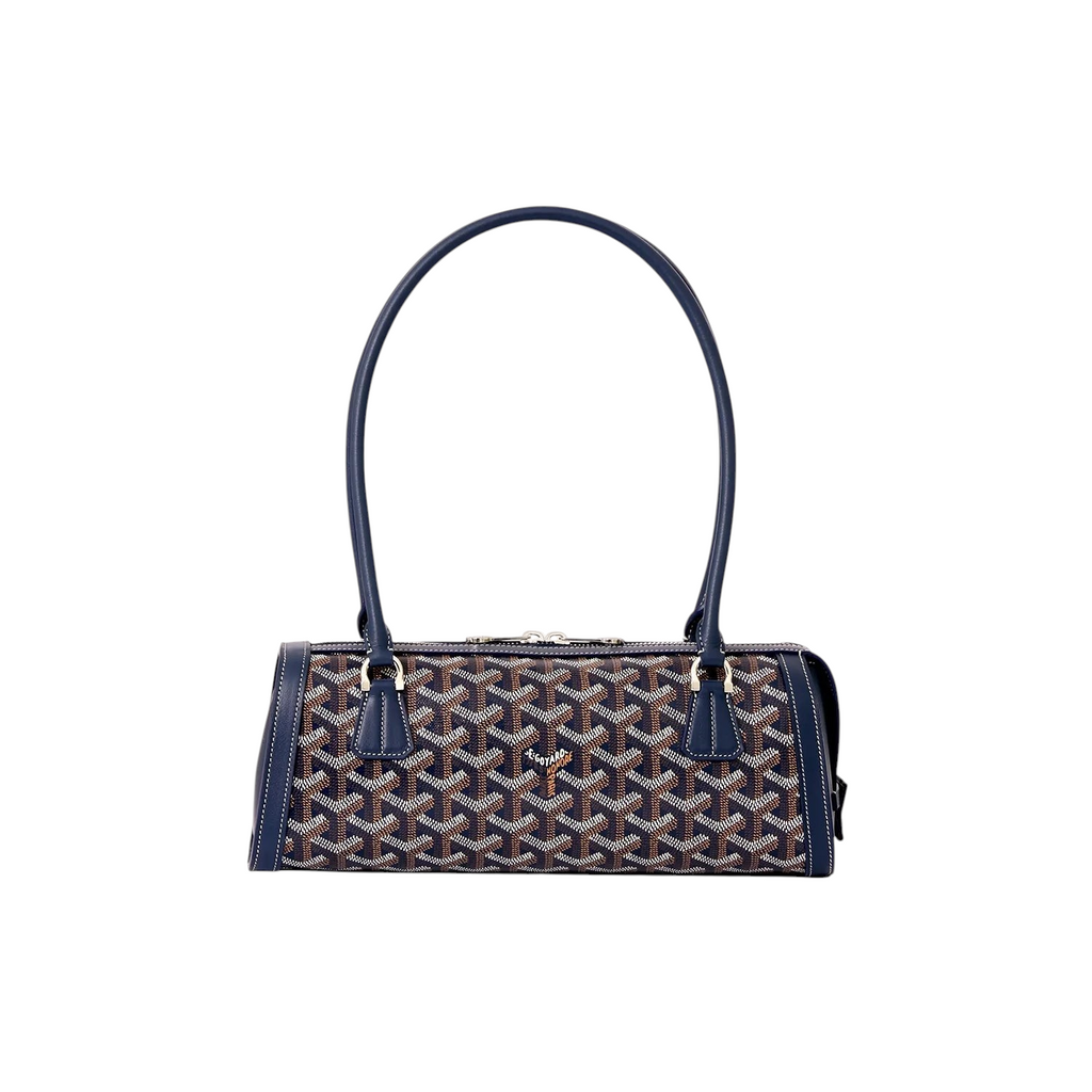 JeevzPlug Goyard Bonbonnière bucket bag in blue Goyardine canvas with leather trim and adjustable shoulder strap