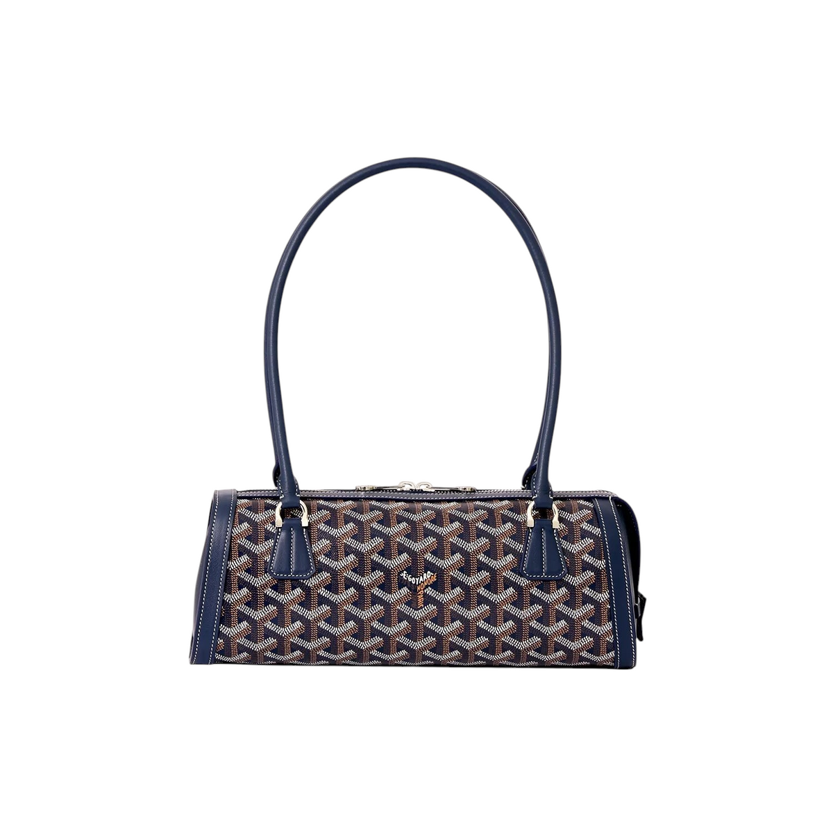 JeevzPlug Goyard Bonbonnière bucket bag in blue Goyardine canvas with leather trim and adjustable shoulder strap