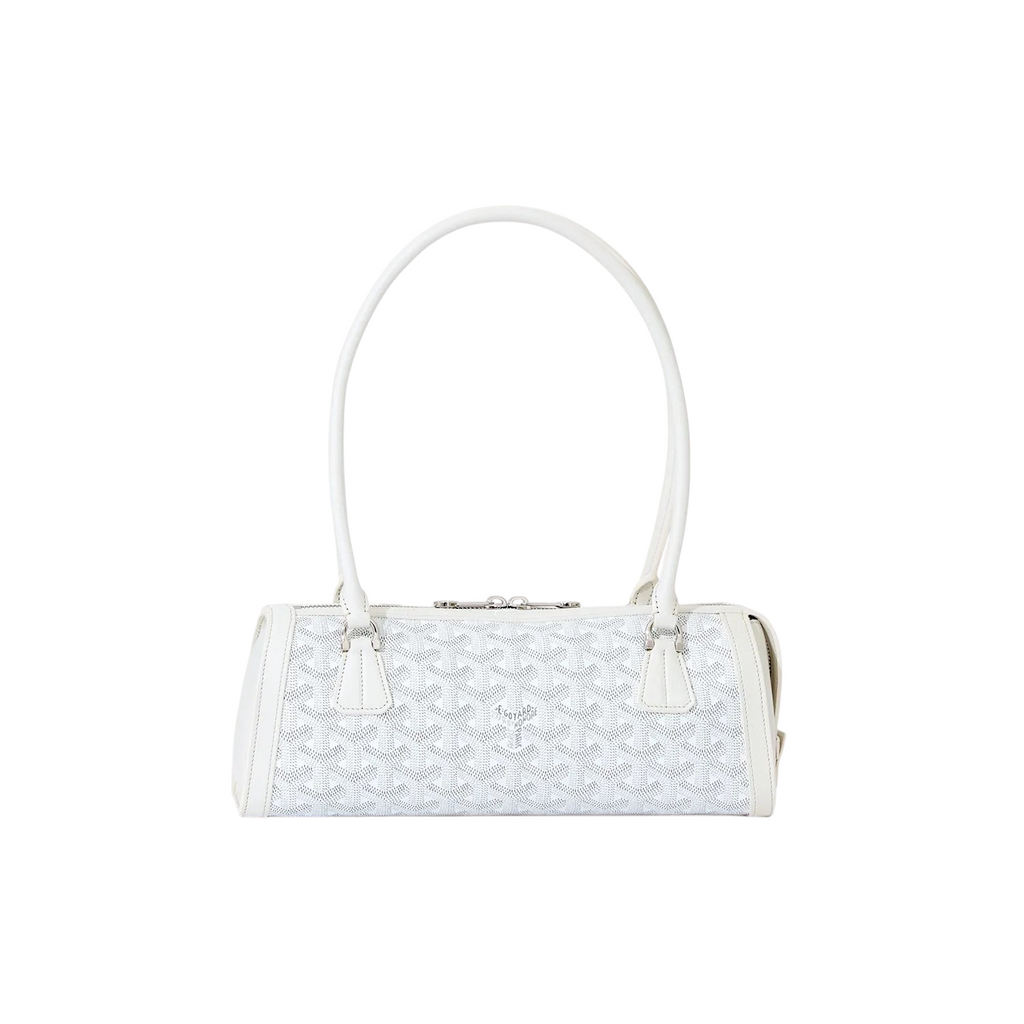 JeevzPlug Goyard Bonbonnière white Goyardine canvas bucket bag with leather trim and adjustable shoulder strap