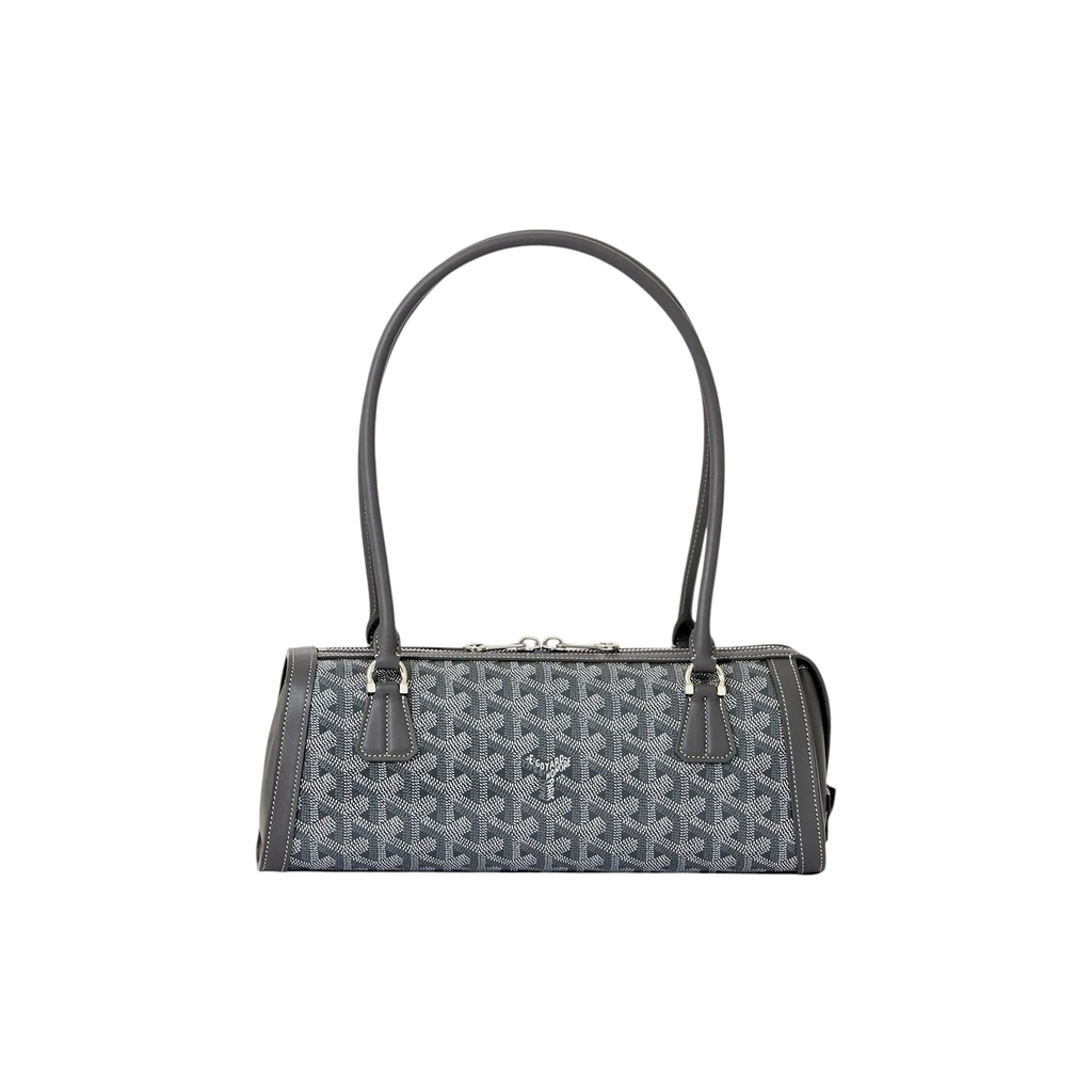 JeevzPlug Goyard Bonbonnière bag in grey Goyardine canvas with leather trim and a structured cylindrical silhouette.