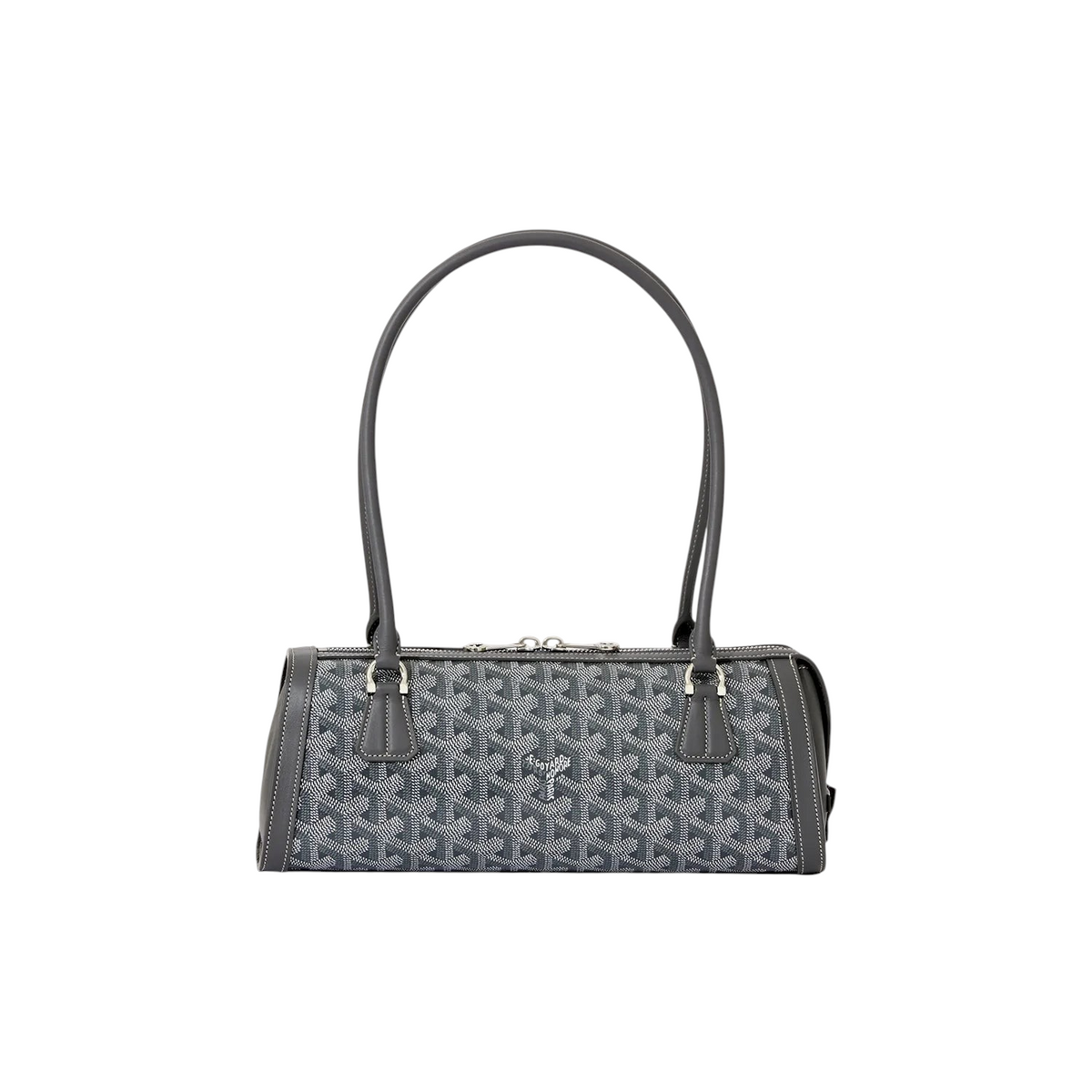 JeevzPlug Goyard Bonbonnière bag in grey Goyardine canvas with leather trim and a structured cylindrical silhouette.