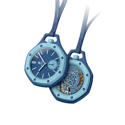 JeevzPlug Audemars Piguet x Swatch Royal Pop LAN BA blue bioceramic pocket watch with leather lanyard