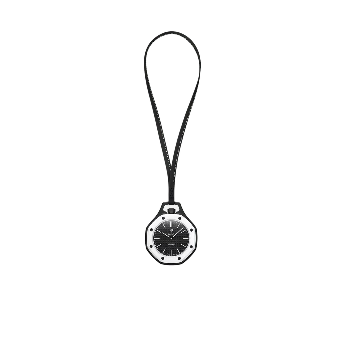 JeevzPlug AP x Swatch Royal Pop Ocho Negro black bioceramic pocket watch with a leather lanyard on a white background.