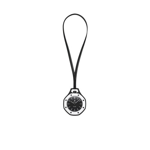 JeevzPlug AP x Swatch Royal Pop Ocho Negro black bioceramic pocket watch with a leather lanyard on a white background.