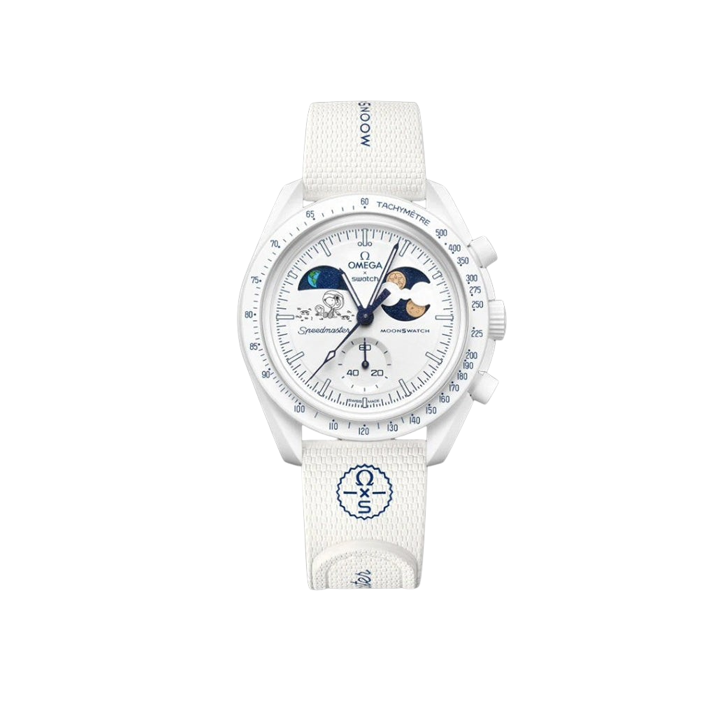JeevzPlug Swatch x Omega MoonSwatch Cold Moon watch with white bioceramic case, Earthphase display, and Snoopy dial.