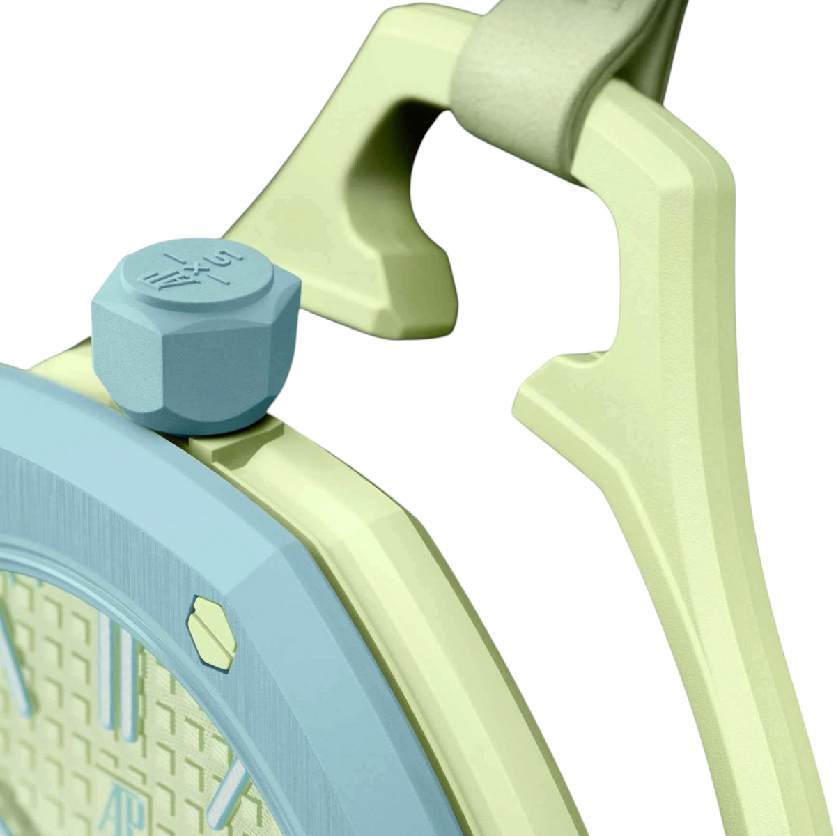 JeevzPlug AP x Swatch Blaue Acht pocket watch in blue and green bioceramic with a unique octagonal crown detail.