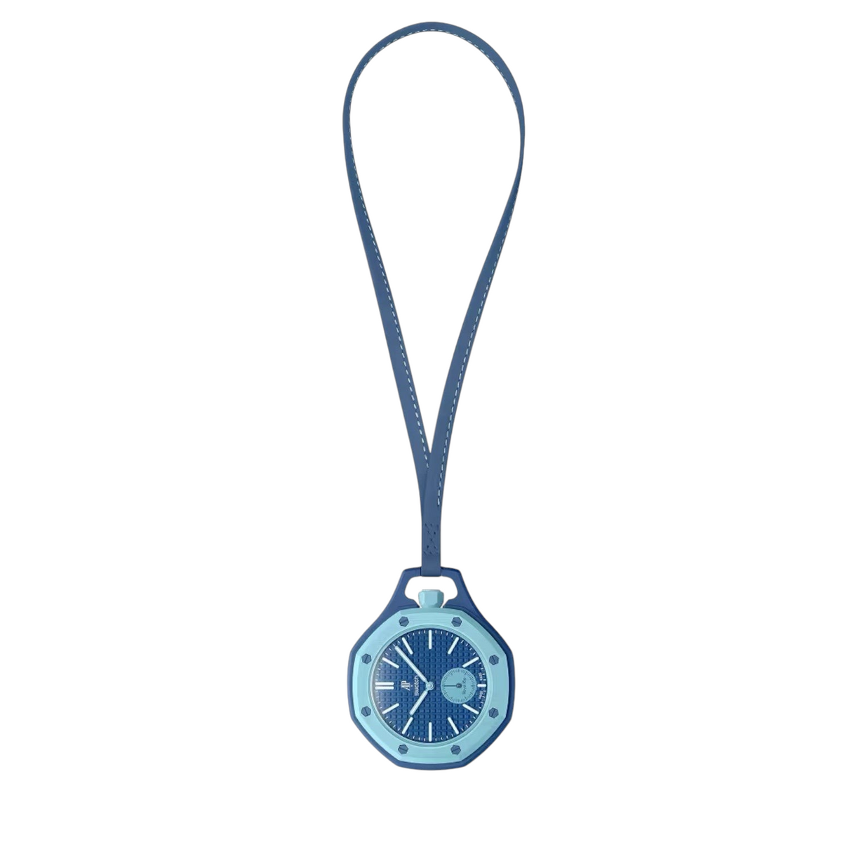 JeevzPlug Audemars Piguet x Swatch Royal Pop LAN BA blue bioceramic pocket watch with leather lanyard