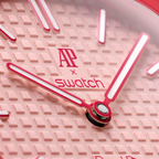 JeevzPlug AP x Swatch Royal Pop Otto Rosso watch dial featuring a textured light pink pattern and red hands.