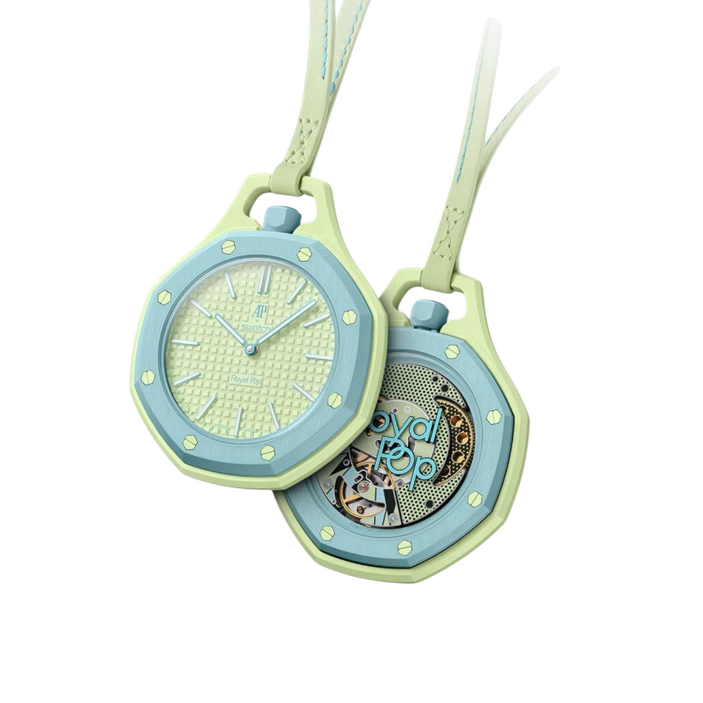 JeevzPlug AP x Swatch Royal Pop Blaue Acht pocket watch in blue and green bioceramic with a visible movement.
