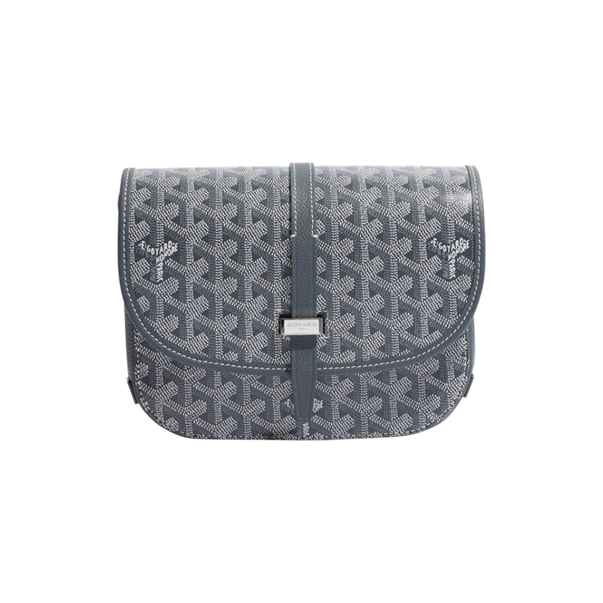JeevzPlug Goyard Belvedere PM bag in grey featuring the iconic chevron print and leather strap closure