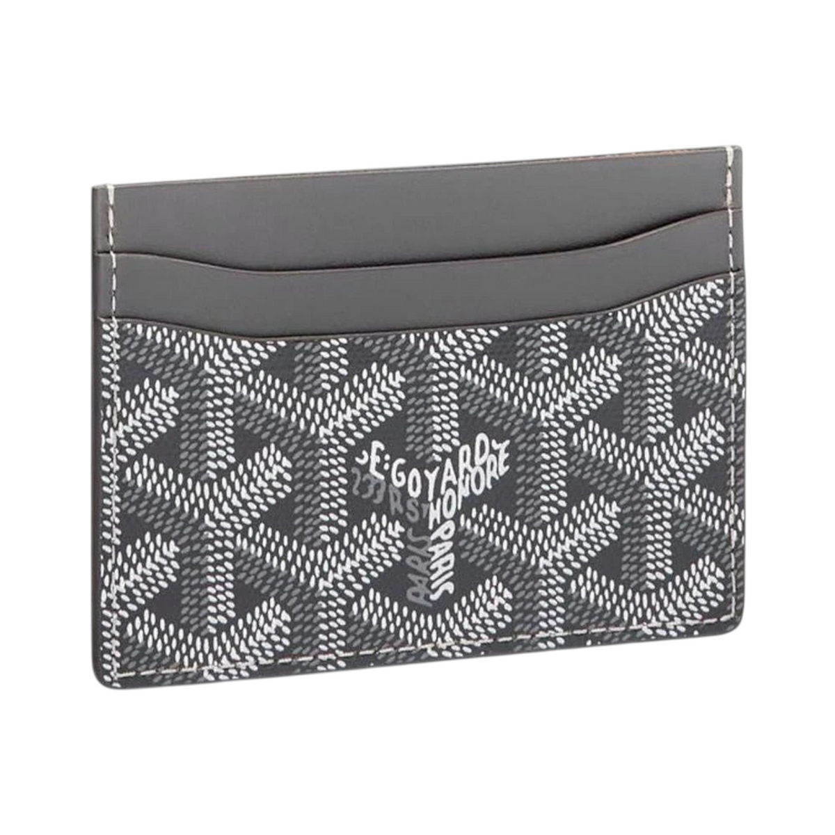 JeevzPlug grey Goyard cardholder featuring the iconic chevron print and a top card slot on a white background