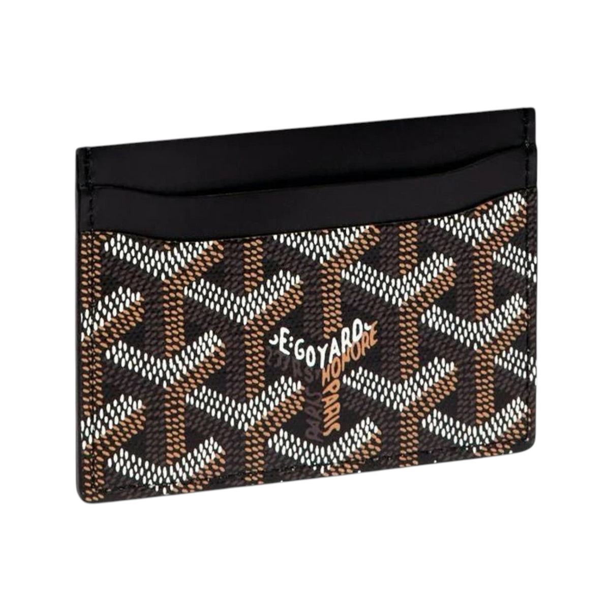 JeevzPlug Goyard black cardholder featuring the iconic chevron print and a central logo detail