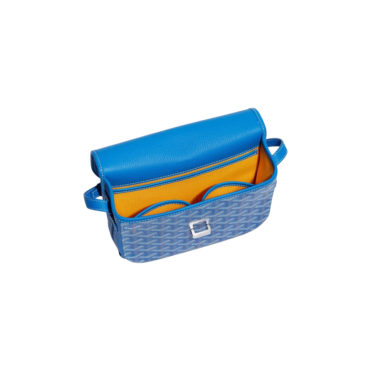 JeevzPlug Goyard Belvedere PM bag in blue Goyardine canvas with leather trim and vibrant yellow interior lining