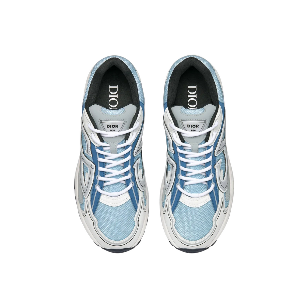 JeevzPlug Dior B30 sneakers in light blue mesh with gray and white technical fabric and reflective CD30 signatures.
