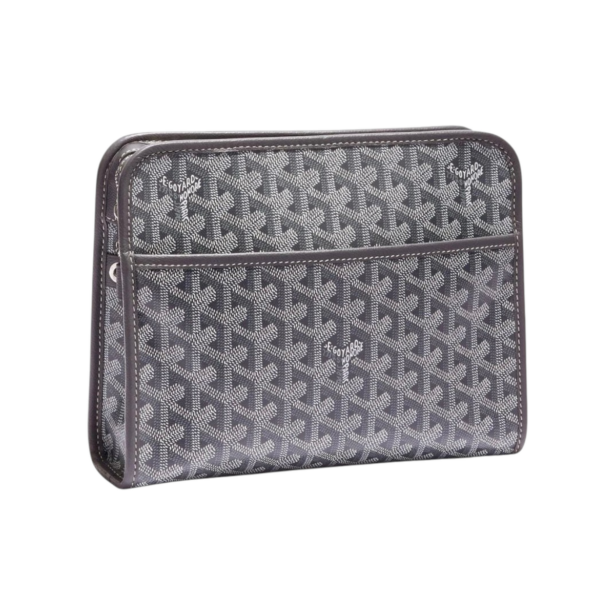 JeevzPlug grey Goyard Jouvence MM toiletry bag featuring the iconic Goyardine coated canvas and leather trim.