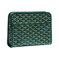 JeevzPlug Goyard Jouvence MM toiletry bag in iconic green Goyardine canvas with leather trim and silver zipper