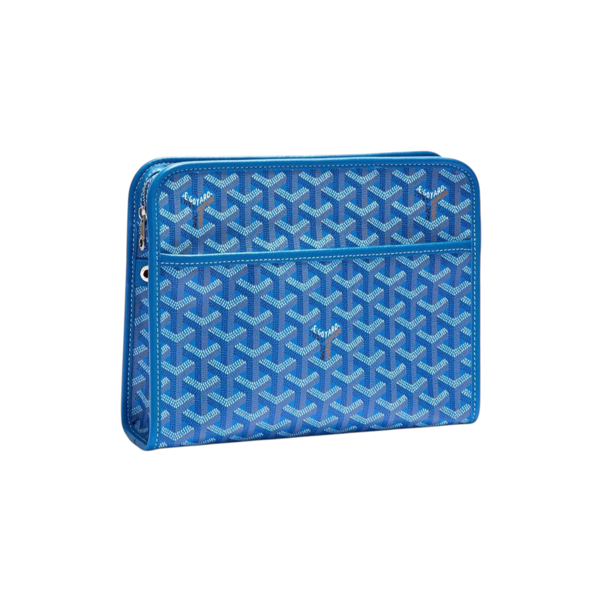 JeevzPlug Goyard Jouvence MM toiletry bag in blue Goyardine canvas with signature chevron pattern and zip closure.